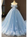 Floral Blue A-line Off Shoulder Long Prom Dresses Online, Dance Dresses,12512