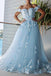 Floral Blue A-line Off Shoulder Long Prom Dresses Online, Dance Dresses,12512