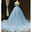 Floral Blue A-line Off Shoulder Long Prom Dresses Online, Dance Dresses,12512