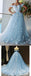 Floral Blue A-line Off Shoulder Long Prom Dresses Online, Dance Dresses,12512