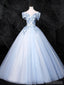 Floral Blue A-line Off Shoulder Long Prom Dresses Online, Dance Dresses,12606