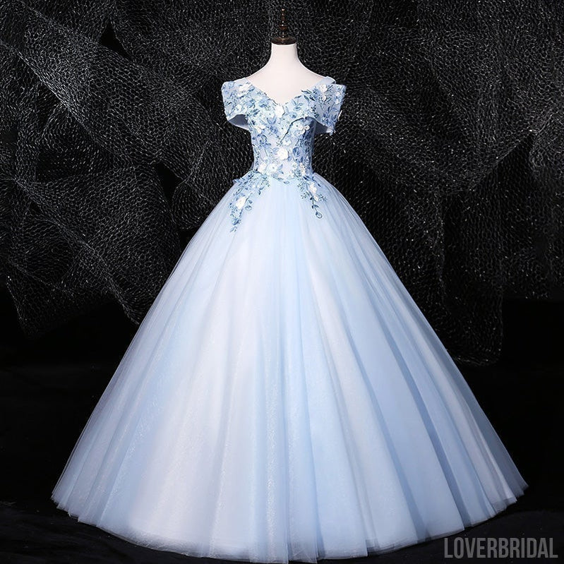 Floral Blue A-line Off Shoulder Long Prom Dresses Online, Dance Dresses,12606