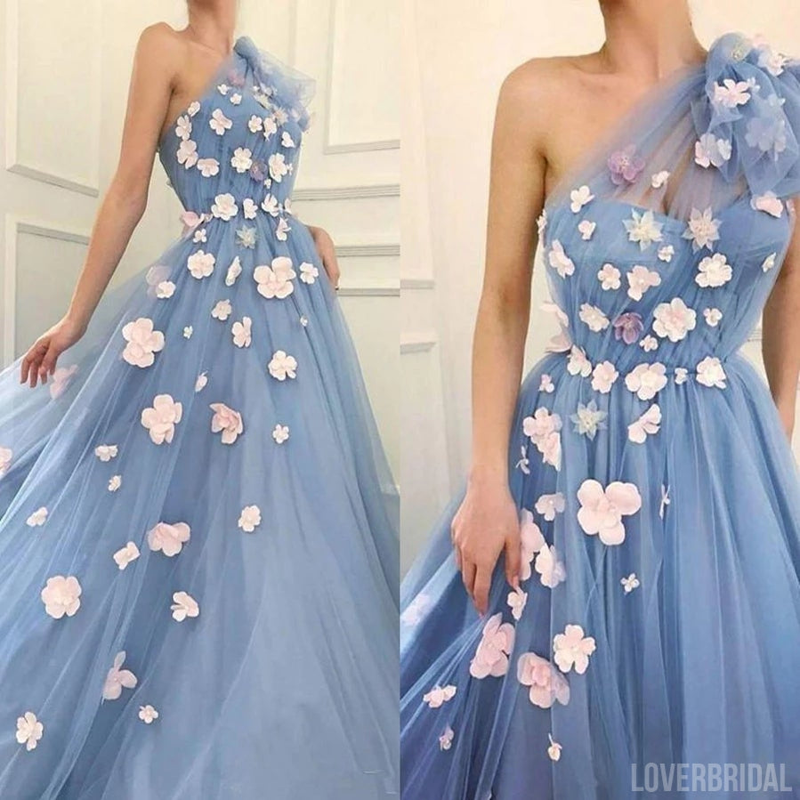 Floral Blue A-line One Shoulder Cheap Long Prom Dresses Online,12604