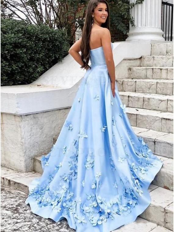 Floral Blue A-line Sweetheart Cheap Long Prom Dresses Online, Dance Dresses,12407