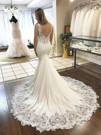 Floral Mermaid Backless V-neck Straps Handmade Lace Wedding Dresses,WD751