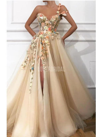 Flower Shoulder Side Slit Cute Long Evening Prom Dresses, Evening Party Prom Dresses, 12224