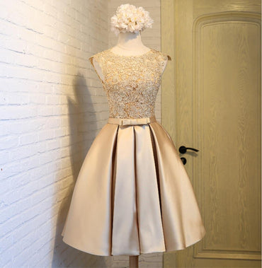 Gold Lace High Neckline Cap Sleeve Homecoming Prom Dresses, Affordable Short Party Prom Dresses, Perfect Homecoming Dresses, CM291