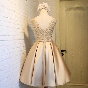 Gold Lace High Neckline Cap Sleeve Homecoming Prom Dresses, Affordable Short Party Prom Dresses, Perfect Homecoming Dresses, CM291