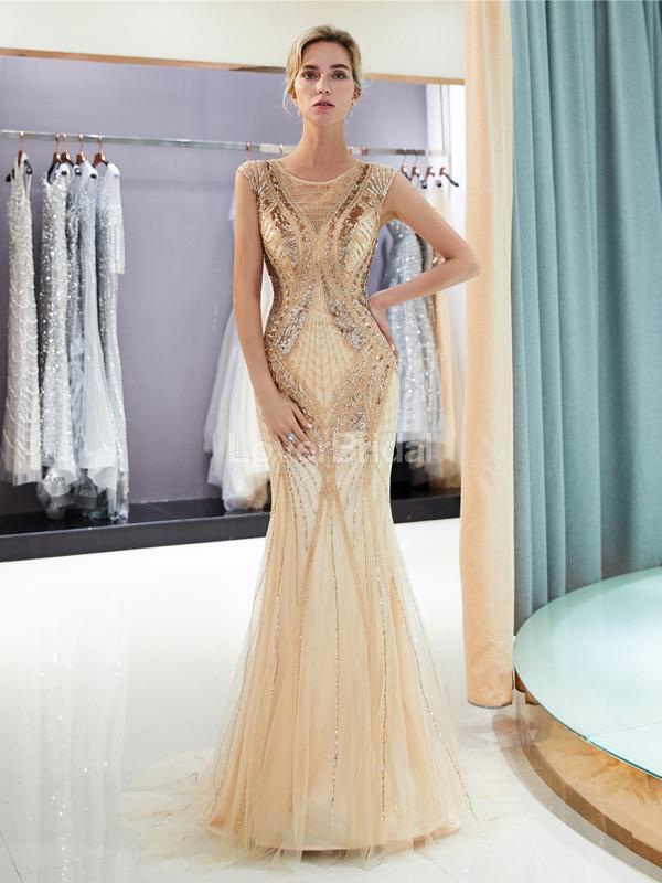 Gold Rhinestone Jewel Heavily Beaded Mermaid Evening Prom Dresses, Evening Party Prom Dresses, 12040