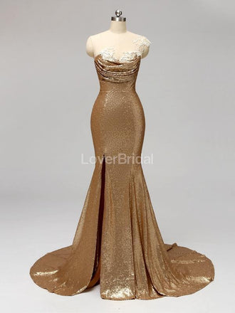 Gold Sequin One Shoulder Mermaid Long Cheap Bridesmaid Dresses Online, WG596