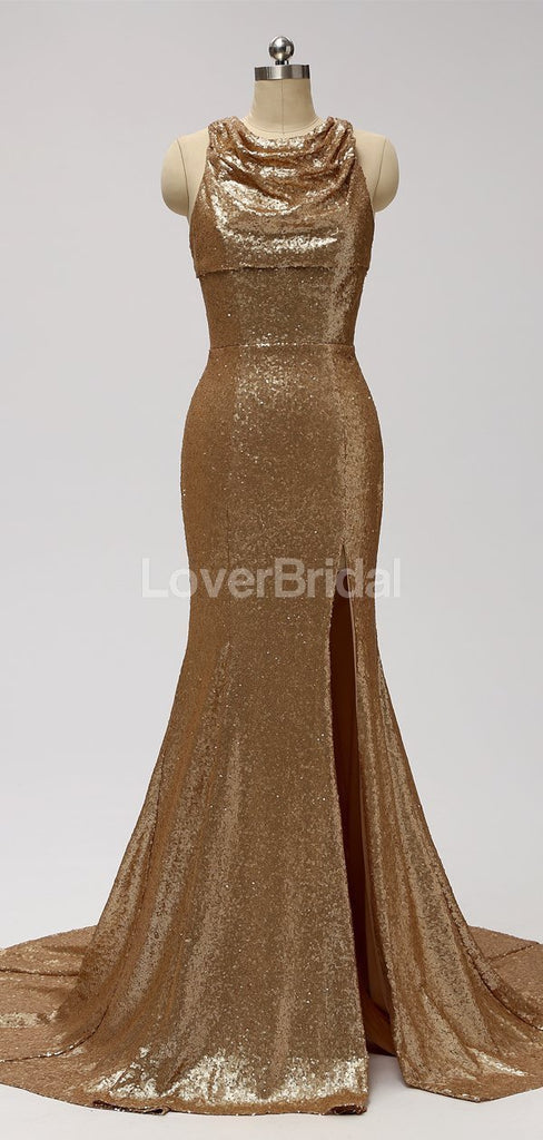Gold Sequin See Through Halter Mermaid Long Cheap Bridesmaid Dresses Online, WG598