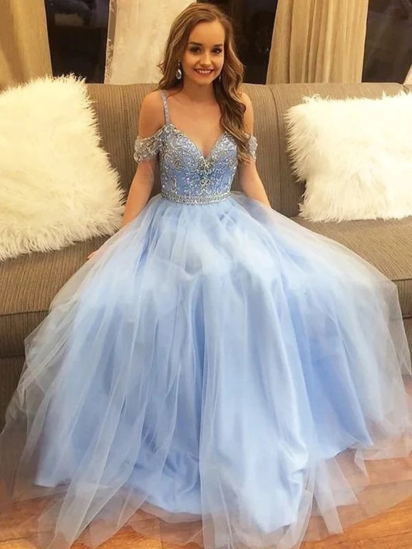 Gorgeous Blue A-line Cold Shoulder Maxi Long Prom Dresses,Evening Dresses,12917