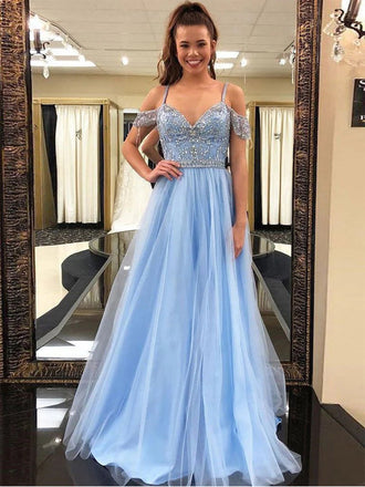 Gorgeous Blue A-line Cold Shoulder Maxi Long Prom Dresses,Evening Dresses,12917