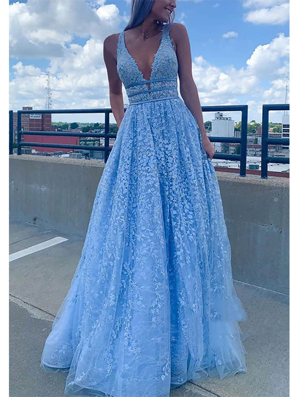 Gorgeous Blue A-line V-neck Maxi Long Prom Dresses,Evening Party Prom Dresses,13036