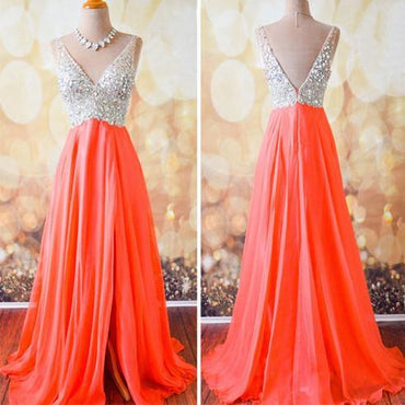 Gorgeous Coral Formal A Line V Neck Side Split Shinning Long Prom Dresses, WG202