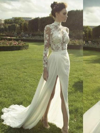 Gorgeous High Neck Long Sleeve See Through Lace Top Side Slit Chiffon Wedding Dress, WD0110