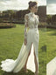 Gorgeous High Neck Long Sleeve See Through Lace Top Side Slit Chiffon Wedding Dress, WD0110