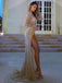 Gorgeous Mermaid Gold Long Sleeves High Slit Maxi Long Prom Dresses,13019