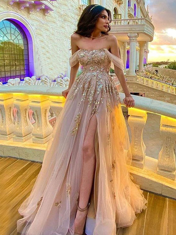 Gorgeous Pink A-line Off Shoulder Side Slit Maxi Long Prom Dresses,13056