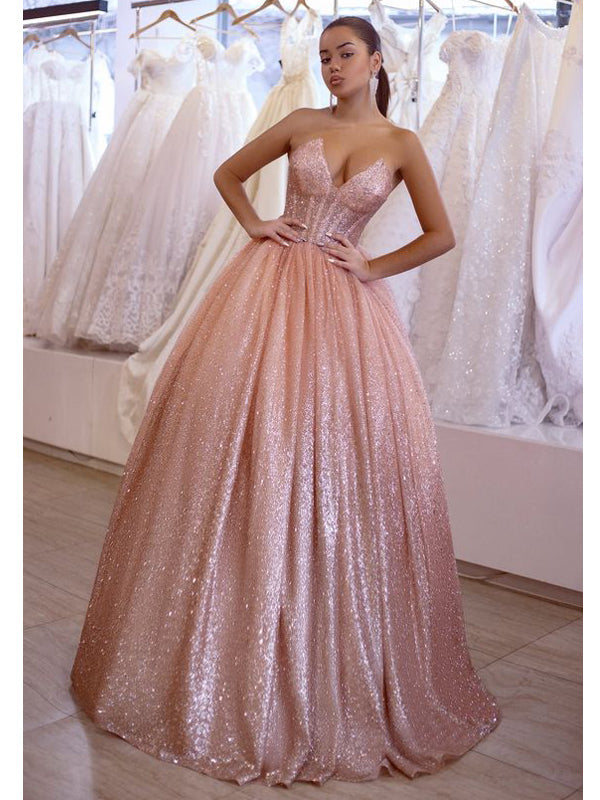 Gorgeous Pink A-line V-neck Maxi Long Prom Dresses,Evening Dresses,12980