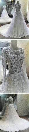 Gorgeous See Through Long Sleeve Scoop Neck Lace Tulle Wedding Dresses, WD164