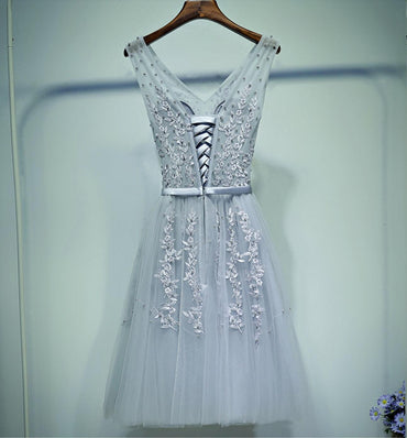Gray Lace V Neckline Beaded Homecoming Prom Dresses, Affordable Corset Back Short Party Prom Dresses, Perfect Homecoming Dresses, CM258