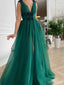 Green A-line Deep V-neck High Slit Long Prom Dresses Online,Dance Dresses,12598