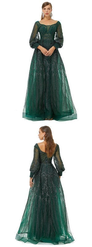 Green A-line Jewel Long Sleeves Prom Dresses Online, Evening Party Dresses,12589