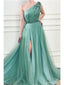 Green A-line One Shoulder High Slit Cheap Long Prom Dresses Online,12669