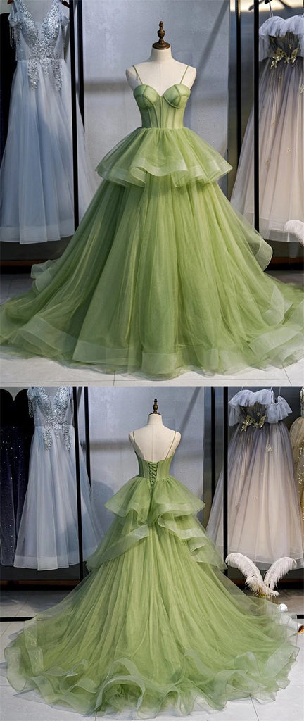 Green A-line Spaghetti Straps Long Prom Dresses Online,Dance Dresses,12480