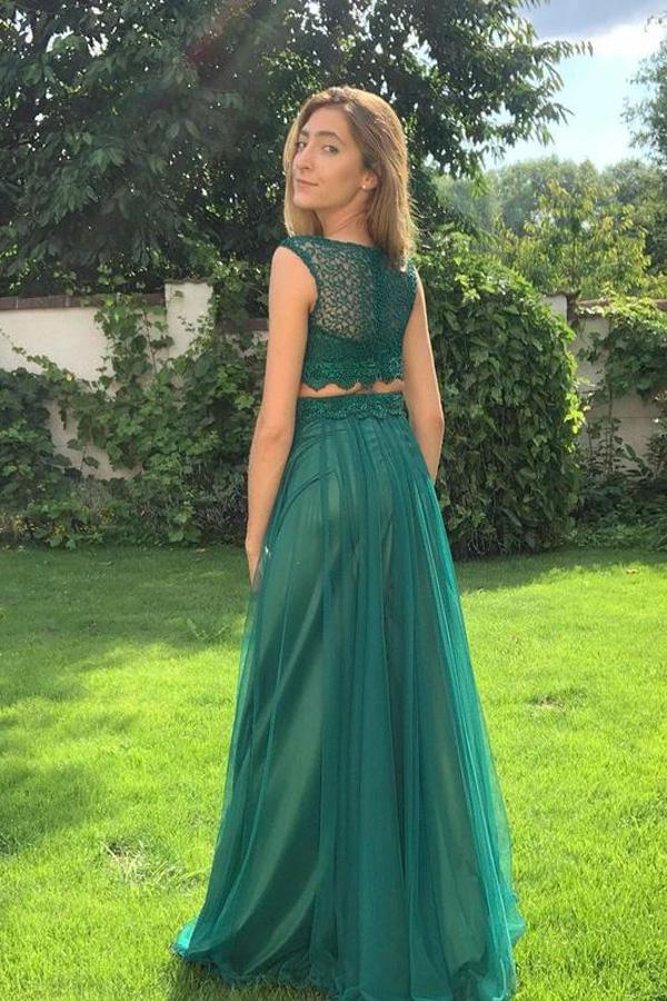 Green A-line Two Pieces Sleeveless Cheap Long Prom Dresses Online,12538