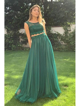 Green A-line Two Pieces Sleeveless Cheap Long Prom Dresses Online,12538