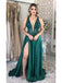 Green A-line V-neck High Slit Cheap Long Prom Dresses,Evening Party Dresses,12724