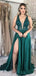 Green A-line V-neck High Slit Cheap Long Prom Dresses,Evening Party Dresses,12724