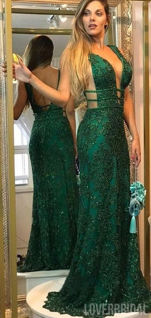 Green Mermaid Deep V-neck Backless Long Prom Dresses Online,Evening Party Dresses,12597