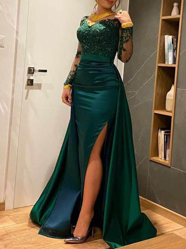 Green Mermaid Long Sleeves High Slit Cheap Long Prom Dresses,12745