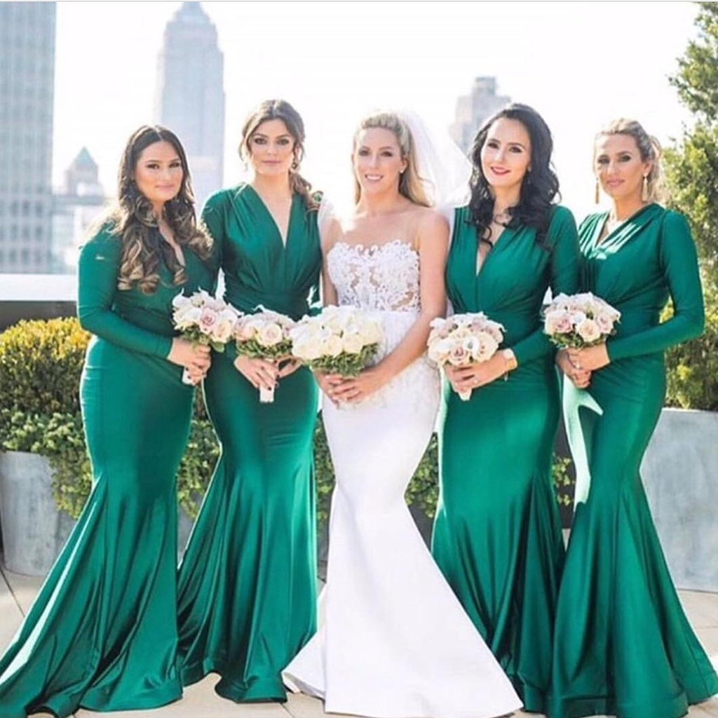 Green Mermaid Long Sleeves V-neck Cheap Bridesmaid Dresses Gown Online,WG954