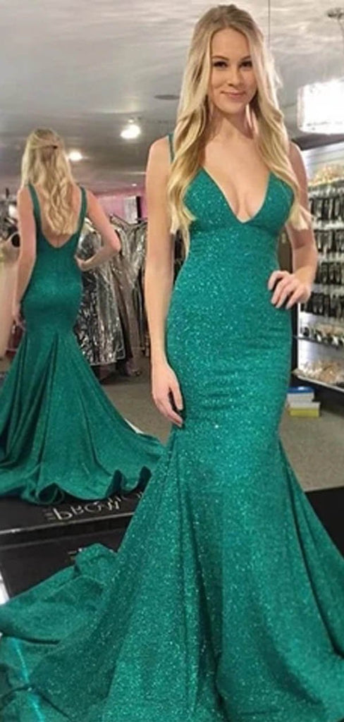 Green Mermaid Spaghetti Straps V-neck Backless Long Prom Dresses Online,12505