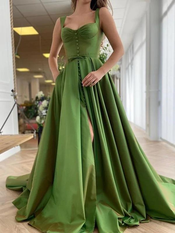 Green Straps A-line High Slit Party Prom Dresses, Cheap Dance Dresses,12349