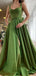 Green Straps A-line High Slit Party Prom Dresses, Cheap Dance Dresses,12349
