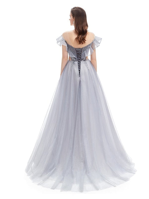 Grey A-line Short Sleeves Off Shoulder Long Prom Dresses Online,12585