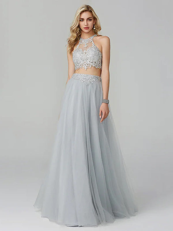 Grey A-line Two Pieces Halter Cheap Long Prom Dresses Online,12883