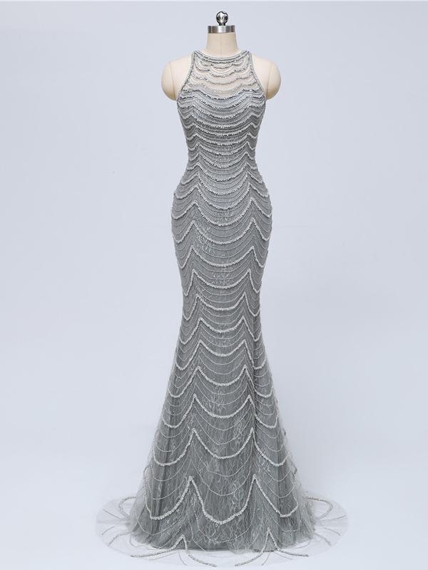 Grey Lace Heavily Beaded Mermaid Long Evening Prom Dresses, Luxurious Sweet 16 Dresses, 18347