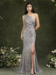 Grey Mermaid One Shoulder High Slit Cheap Long Prom Dresses,12726