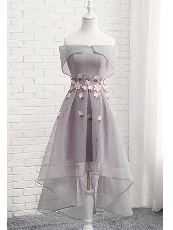 Grey Off Shoulder Floral Short Homecoming Dresses Online, Cheap Short Prom Dresses, CM849