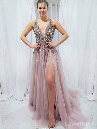 Grey Pink Beaded A-line Cheap Long Evening Prom Dresses, Evening Party Prom Dresses, 18623