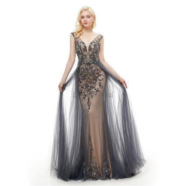 Grey V Neck Open Back Beaded A-line Evening Prom Dresses, Evening Party Prom Dresses, 12050