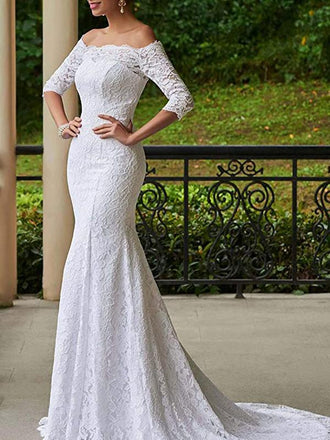 Half Sleeves Lace Mermaid Cheap Wedding Dresses, Cheap Wedding Gown, WD705