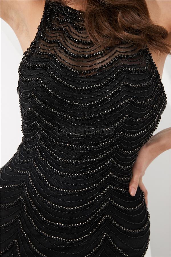 Halter Heavily Beaded Black Lace Mermaid Evening Prom Dresses, Evening Party Prom Dresses, 12092