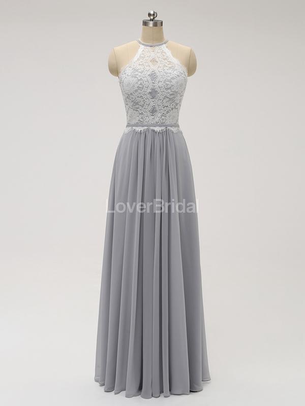 Halter Lace Long Chiffon Grey Cheap Bridesmaid Dresses Online, WG583
